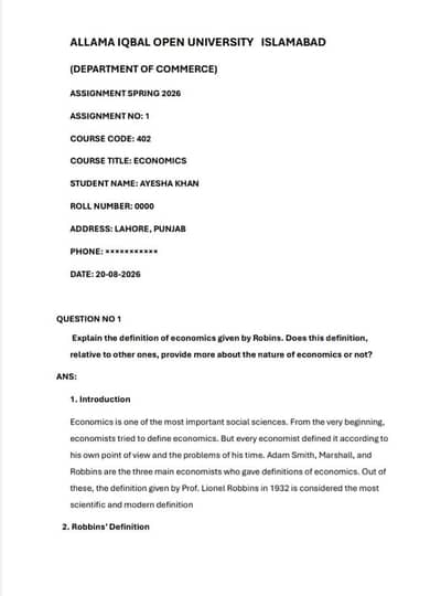 AIOU ASSIGNMENT SPRING SEMESTER 2026