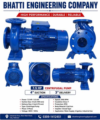 7.5 HP Industrial Centrifugal Pump – 4" Suction x 3" Delivery, 3 Phase