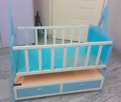 White & Blue Wooden Baby Cot – Excellent Condition
