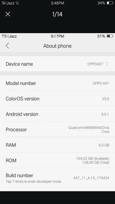 oppoa57 condition 10 by 9 ha  is number par rabta 03297799878 karay