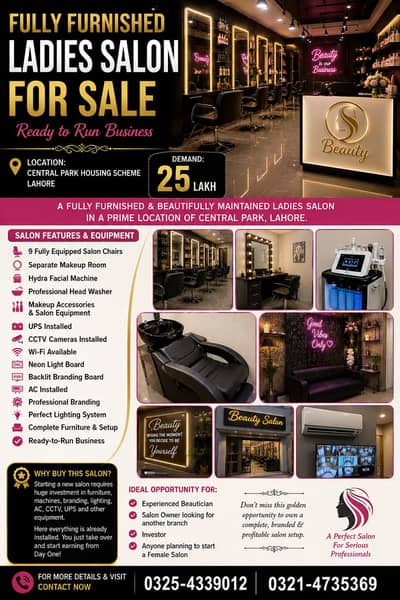 FULLY FURNISHED LADIES SALON FOR SALE – LAHORE-0325-4339012