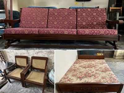 Classic Wooden Furniture Set – Sofa, Cane Chairs & Single Bed”