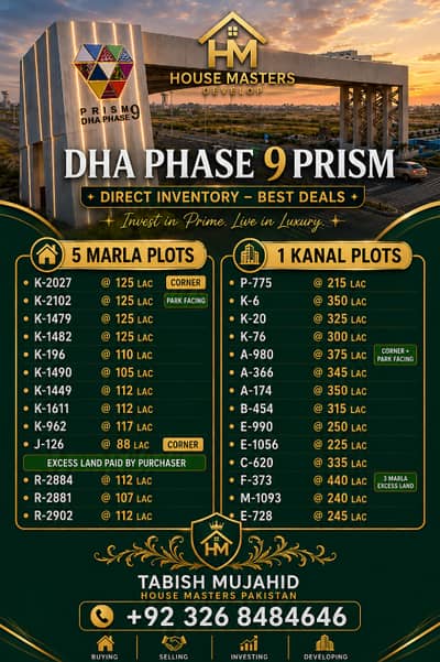 1 Kanal Residential Plot For Sale In DHA Phase 9 Prism E Block