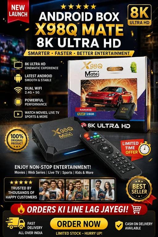 X98Q Mate Android TV Box 8GB RAM 128GB ROM | 8K Ultra HD | Android 15.1 | Dual WiFi 2.4G+5G | Smart TV Box | Netflix YouTube Disney+ Support | HDR | High Speed Streaming Device