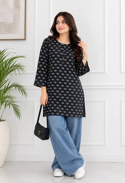 Women's Stitched Linen Block Printed Shirt - Black | Elegant Casual We