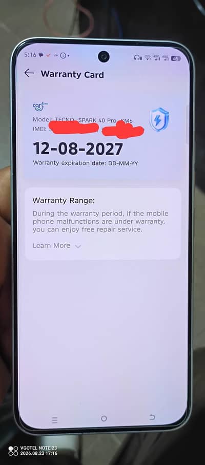 Tecno Spark 40 Pro warranty till 12/08/2027