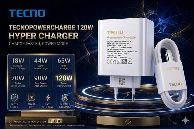 Original TECNO 120W Super Fast Charger Adapter with Type-C Cable | Genuine Premium Flash Charging for all Tecno Type-C Models (POVA, Camon, Spark Series) | 120Watt Ultra Rapid Wall Charger