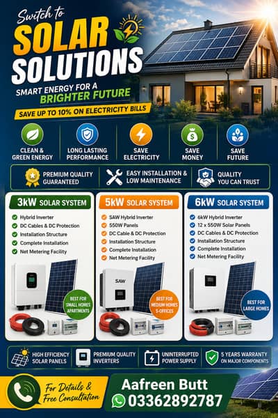 SOLAR SOLUTIONS 3kW, 5kW, 6kW, Solar System Available