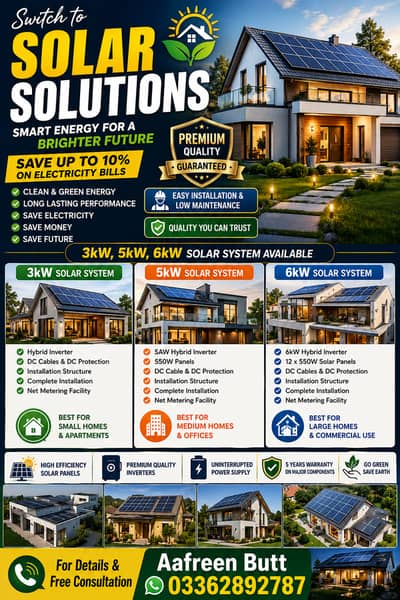 SOLAR SOLUTIONS 3kW, 5kW, 6kW, Solar System Available