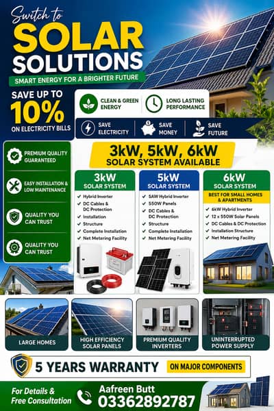 SOLAR SOLUTIONS 3kW, 5kW, 6kW, Solar System Available