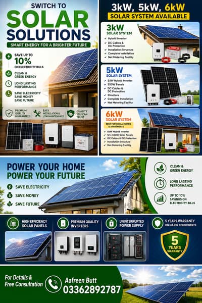 SOLAR SOLUTIONS 3kW, 5kW, 6kW, Solar System Available