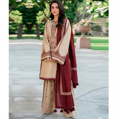3 PC Unstichted Lawn Embroidered Suit in Brown and Mahroon Combo