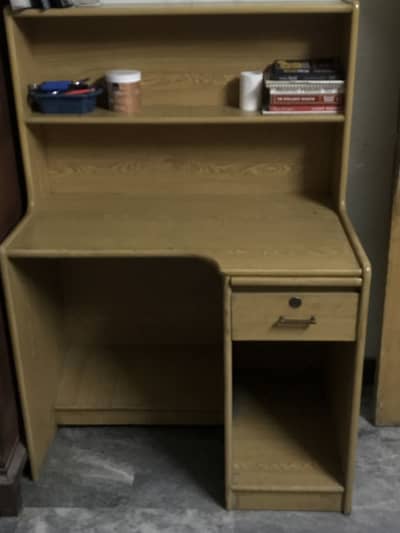 Wooden Computer table , light brown , two shelf one drawer