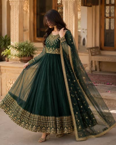 Elegant Dark Green & Gold Embroidered Maxi – Worn Once