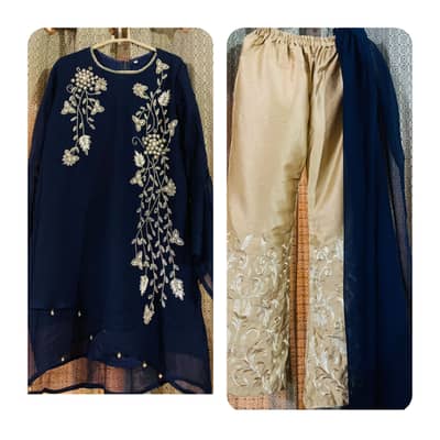 Navy blue Embroidered 3 piece suit