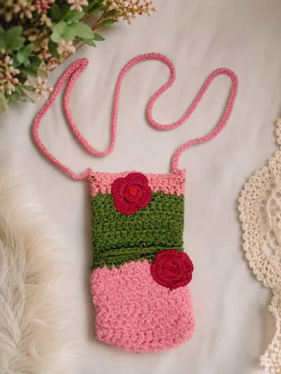 Handmade Crochet Girls Shoulder Bag  | Cute Pink & Green