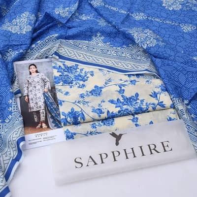 Sapphire Unstitched Printed Lawn Suit Blue Floral 3Pc