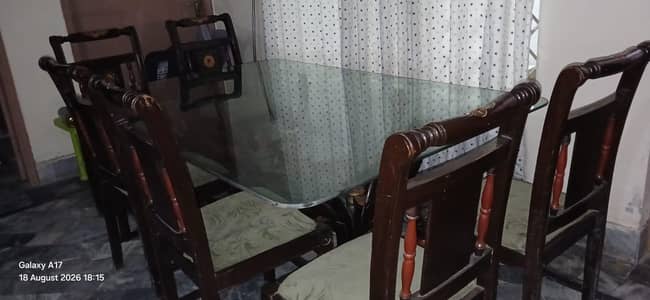 Solid Wood Dining Table with Glass Top, Antique Style (6 seater)