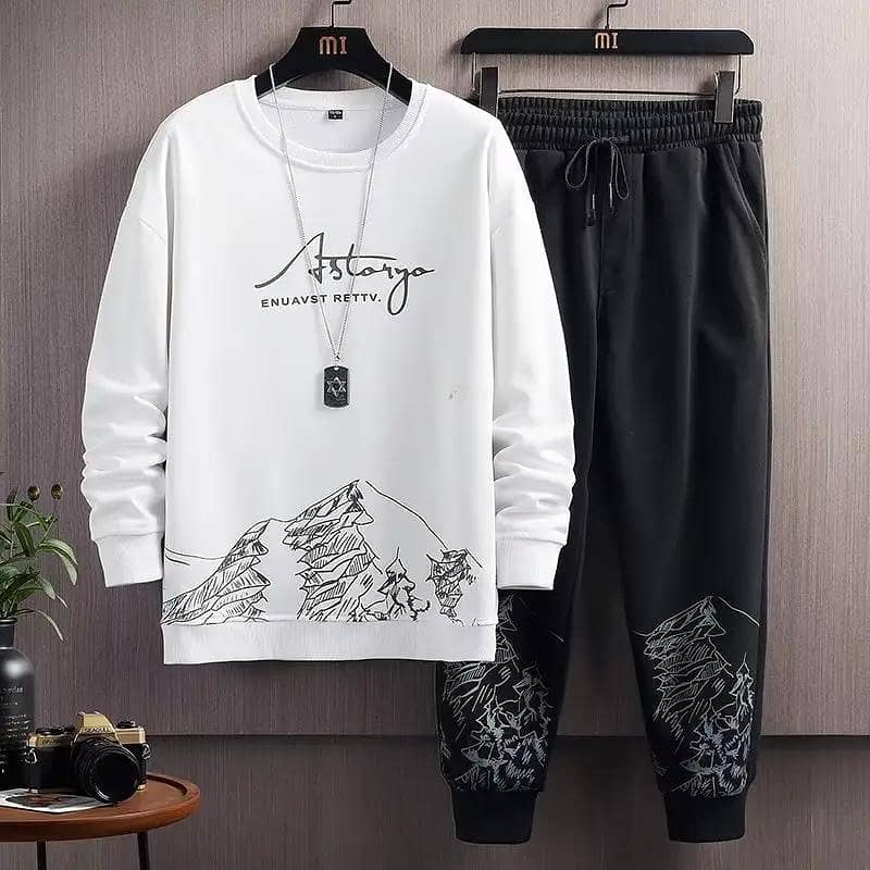 Men snow mountain sweatshirt set white black cotton Autumn 0