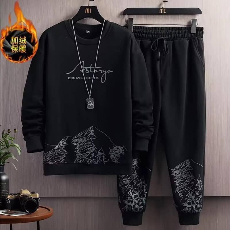 Men snow mountain sweatshirt set white black cotton Autumn 1