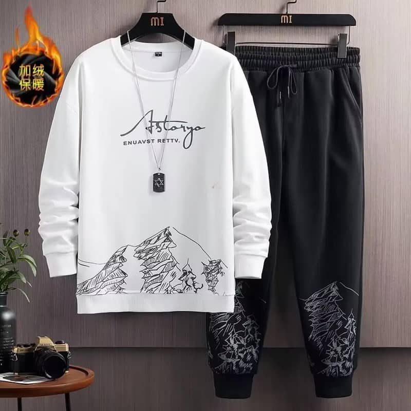 Men snow mountain sweatshirt set white black cotton Autumn 3