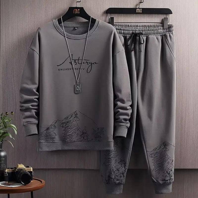 Men snow mountain sweatshirt set white black cotton Autumn 4