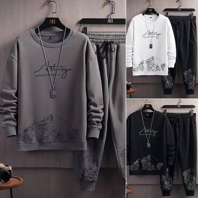 Men snow mountain sweatshirt set white black cotton Autumn 5