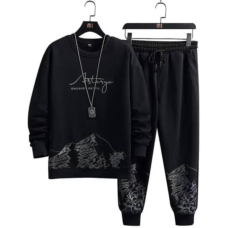 Men snow mountain sweatshirt set white black cotton Autumn 6