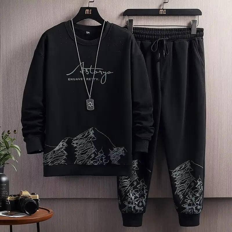 Men snow mountain sweatshirt set white black cotton Autumn 8