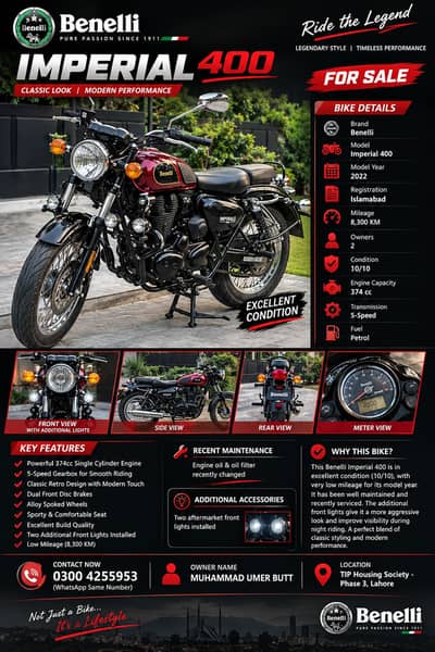 Benelli Imperial 400 2022 | Islamabad Registered | 8,600 KM | New Bike