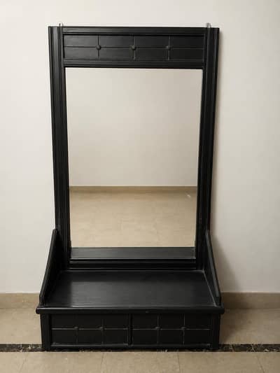 Vintage-Style Black Wood Dressing Mirror with Drawers & Display Shelf