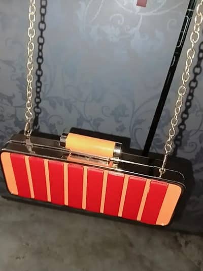 Original Sana Safinaz Red & Peach Striped Clutch Bag with Chain