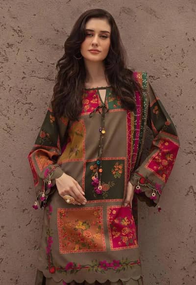 Brown printer lawn 3pic set shirt trouser dupatta