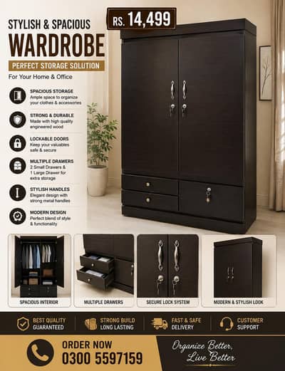 wardrobe 6-4ft, cloth almari, cupboard wd drawer, dresser showcase,