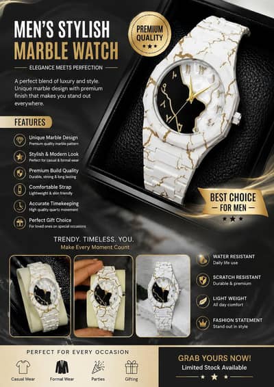 Men's carbon fiber marble watch white gold