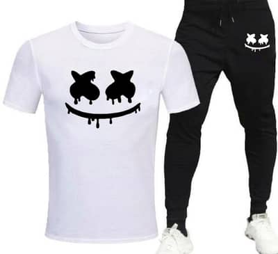 Men Cotton Graphic Track Suit Black Round Neck
