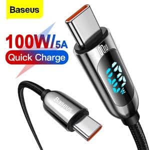 Baseus 100watt digital lcd type c to c data cable for laptop etc