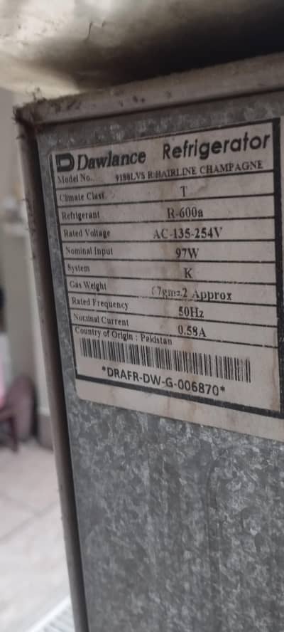 DAWLANCE REFRIGERATOR MODEL 9188