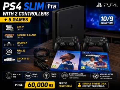 PS4 Slim 1TB with 2Contr. + GTA V, FIFA 22, Ashes Cricket 22 & 2 More.
