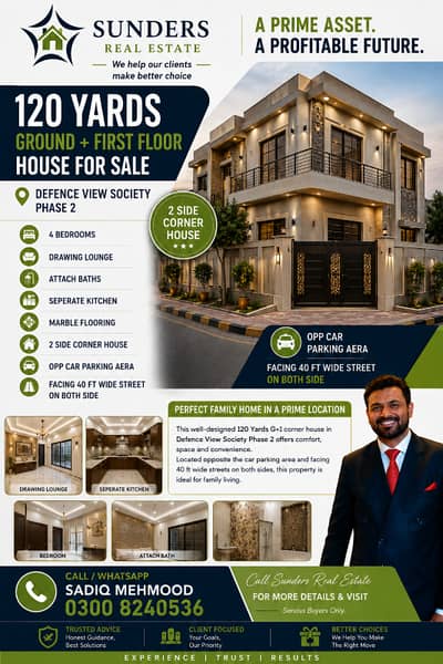PRIME LOCATION 120 YARDS GROUND + FIRST FLOOR HOUSE FOR SALE | 2-SIDE CORNER 40 FT ROADS | DEFENCE VIEW PHASE 2