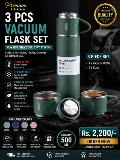 Premium 3 Pcs Vacuum Flask Set with 2 Cups
