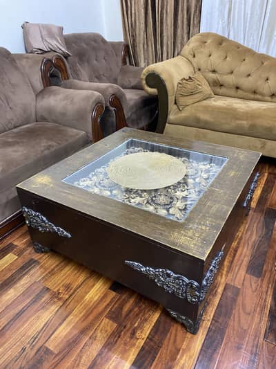 Dark Wood Square Coffee Table with Glass Top & Carved Details