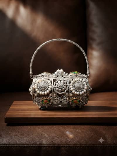 Premium Turkish Bridal Stone Clutch Bag - Silver - New