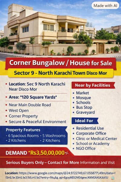 Corner Bungalow/House for Sale – Sector 9 noth KarachiTown, Disco mor