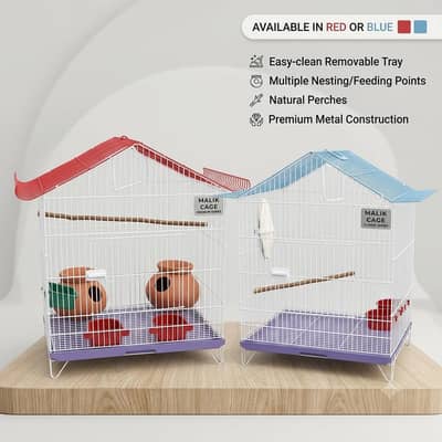 2 Bird Cages with Accessories – Red & Blue (House Style)