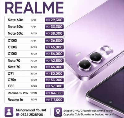 Realme Note 60x C100i Note 70 C71, C75x, C85, Realme 16, Realme 15 Pro
