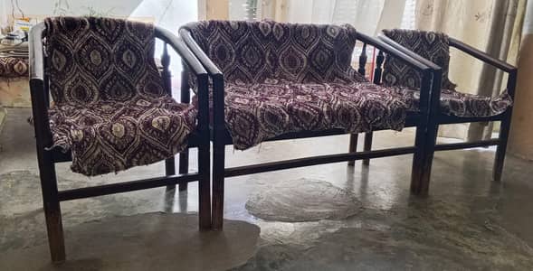 Wooden Sofa Set 1+2 - 3 Seater + 2 Chairs - Used Furniture