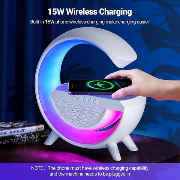 Description  5-in-1 Smart G-Type RGB Night Light Bluetooth Speaker with 15W Wireless Charger, FM Radio, and Multiple Playback Modes (Aux/TF/USB)