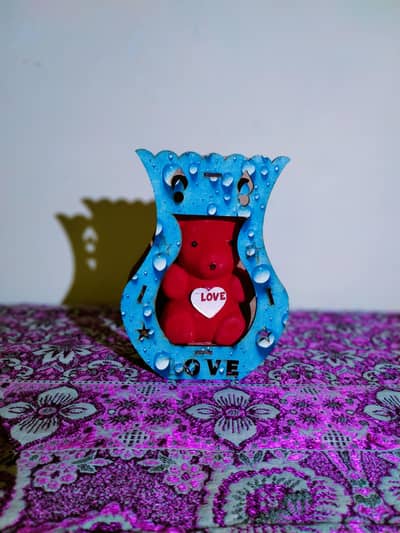 Title cute Red Teddy bear with Blue" love" decorative frame showpiece