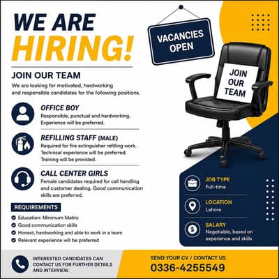Staff Required – Office Boy, Refilling Staff & Call Center Girls